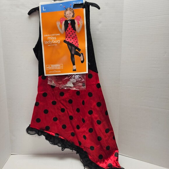 New L Large Miss Ladybug Animal Black Red Polka Dot Girls Dress Wings Costume - Picture 2 of 12